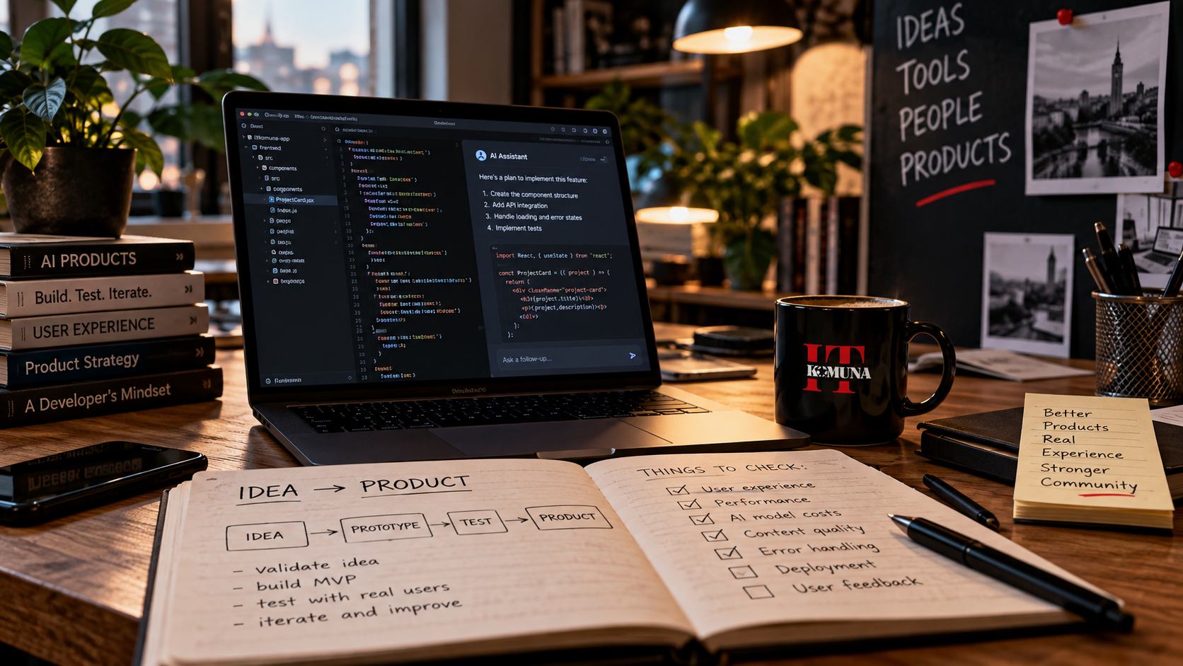 Radni prostor programera sa laptopom, beleškama i alatima za razvoj digitalnih proizvoda.