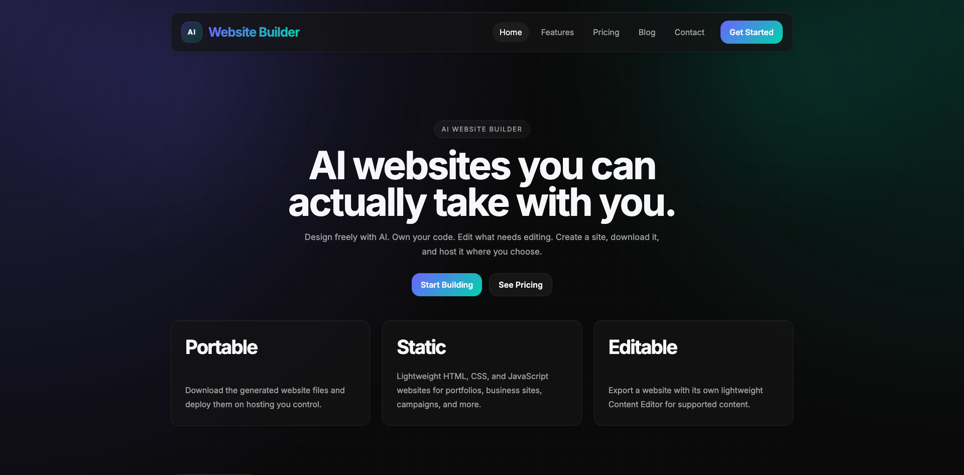 Početna stranica AI Website Buildera sa prikazom mogućnosti izrade i uređivanja sajtova uz AI.
