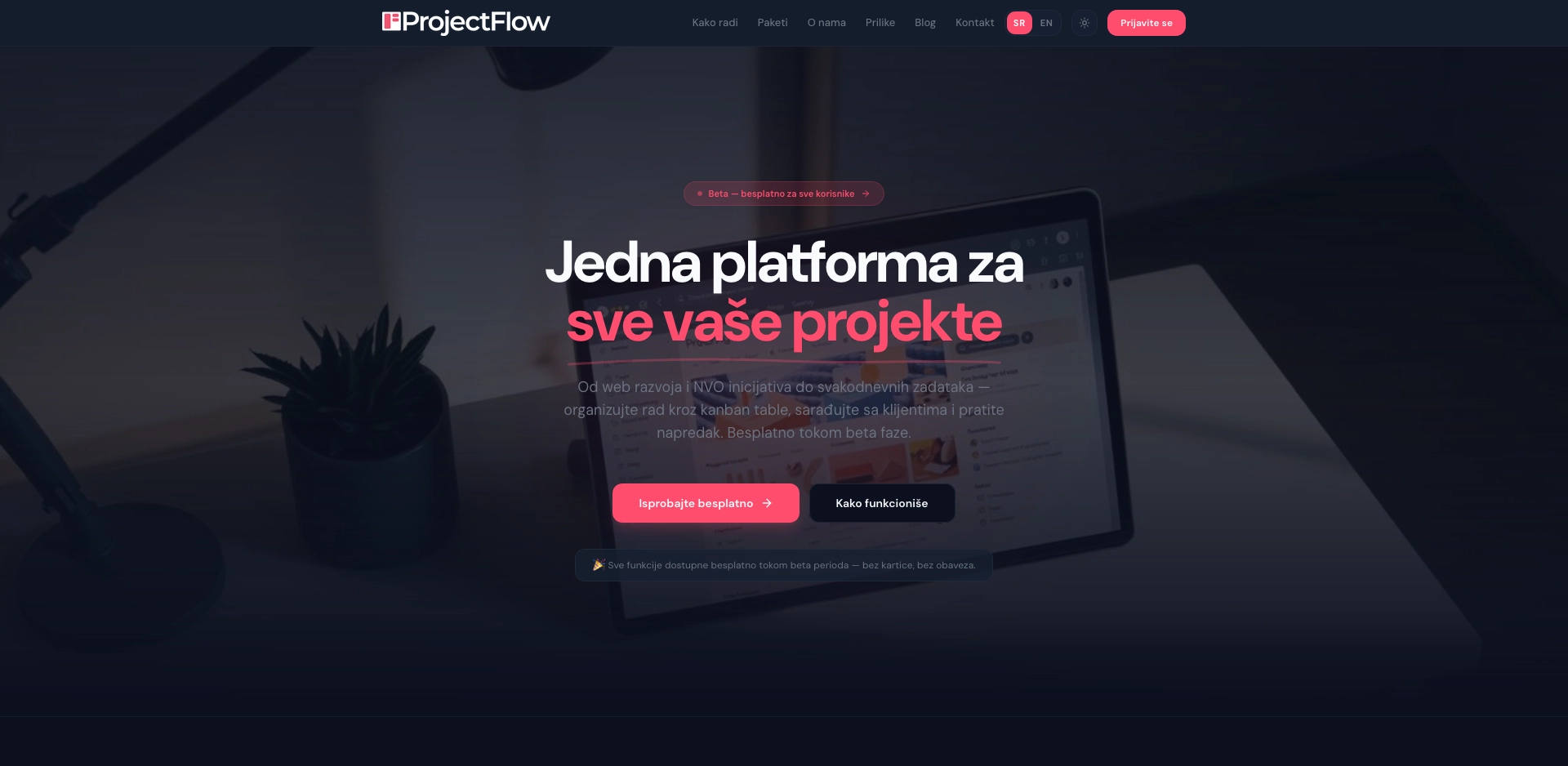 Početna stranica ProjectFlowa, platforme za organizaciju i upravljanje projektima.